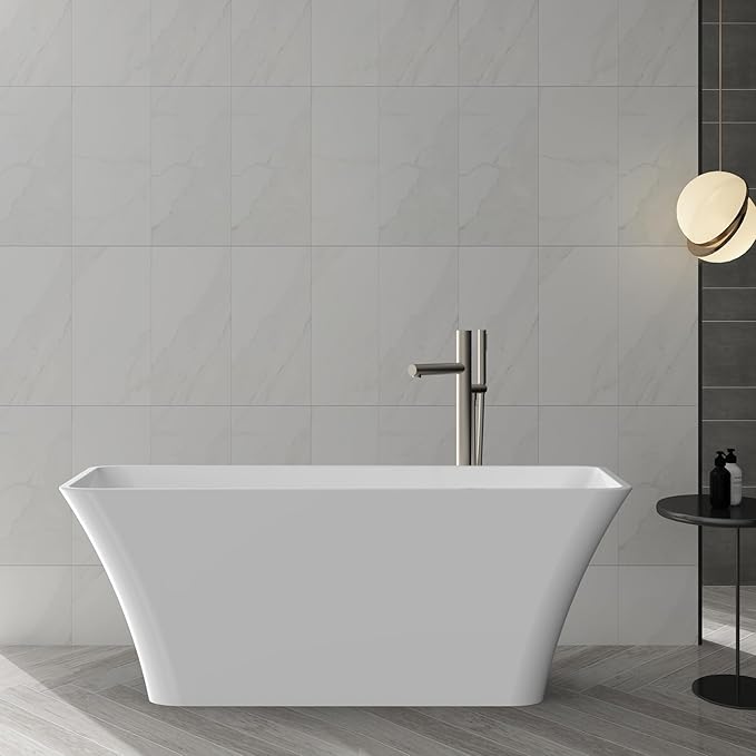 59" Acrylic Freestanding Bathtub - Glossy White Rectangle Soaking Tub with Chrome Overflow & Drain Kit, CUPC Certified