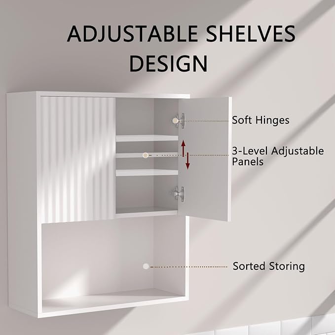 Fluted Bathroom Wall Cabinet Over The Toilet Storage,Wall Mounted Cabinet with Adjustable Shelf,Floating and Hanging Organizer,Kitchen and Laundry Room Storage (White-2 Pcs)