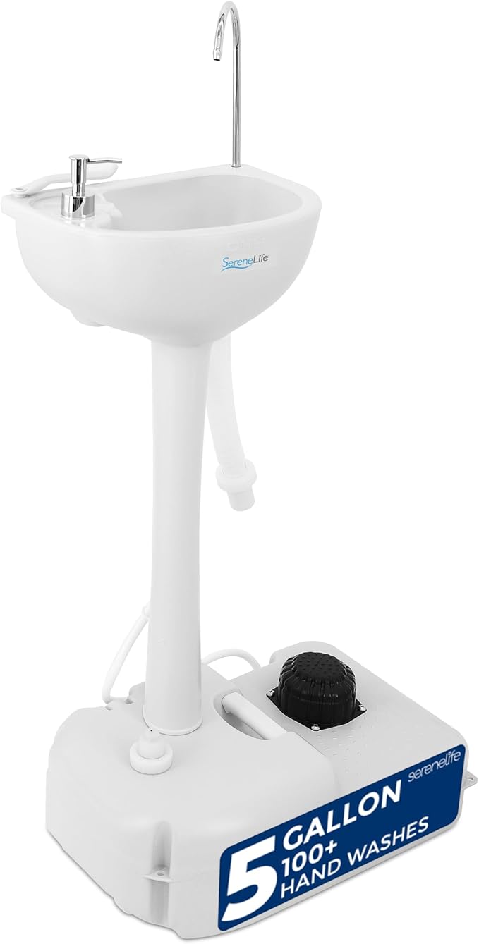 SereneLife Portable Camping Sink with 19L (5+ Gallon) Water Tank, Hands-Free Foot Pump, Soap Dispenser & Towel Holder, Compact Design with Carry Handle – Perfect for Camping, Worksites, Outdoors