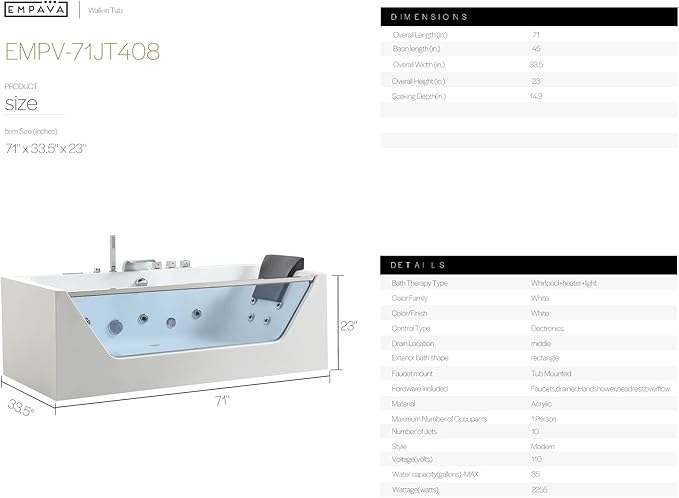 Empava Acrylic Whirlpool Bathtub, 71-Inch Jetted Bathtub with Heater, 10 Jets Hydromassage with Chromatherapy, 3-Side Apron with LED Control Panel, Waterfall & ETL Certified, Blcak Pillow