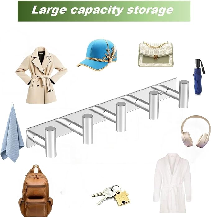 Wall Mounted Coat Rack-5 Hooks, Heavy Duty Stainless Steel Wall Hooks for Towel Coat Bag, Hat Rack Coat Hanger Coat Hooks Towel Racks for Bathroom Entryway Kitchen Hotel (Glossy, 1 Pack)