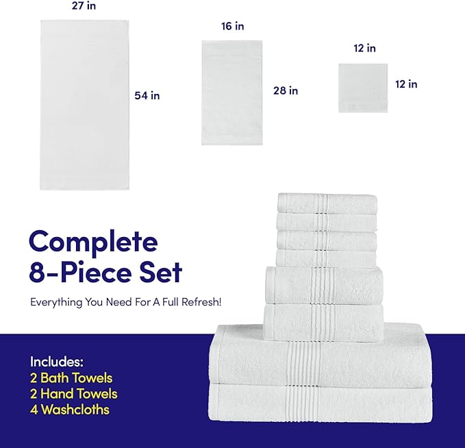 Bath Towels 8 Piece Towel Set – 100% Combed Cotton – Bath + Hand + Washcloths – Oeko-TEX Certified Soft & Absorbent Towels with Durable Double-Stitched Edges for Bathroom or Guest Spa, White