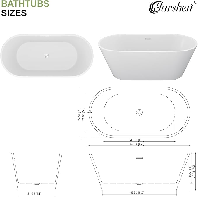 63 Inch Freestanding Bathtub White Acrylic Roll Top Soaking Tub with Chrome Drain Spacious Tub for Modern Homes, YSB9221
