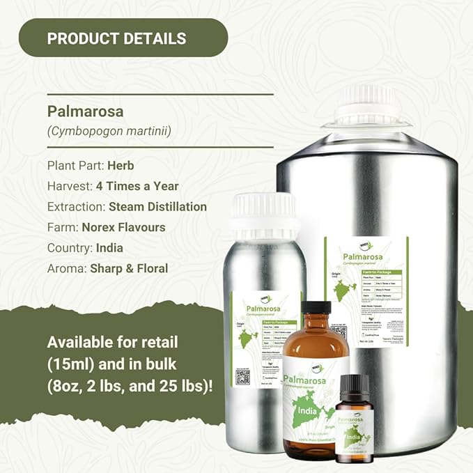 Palmarosa Essential Oil Direct from Norex Flavours India for Skin and Aromatherapy - Aceite de Palmarosa for Candle Scent for Candlemaking and Soaps (22lbs)