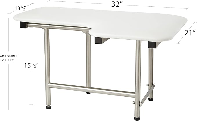 32" x 22.5" White Padded Wall Mount Folding Left-Handed Transfer Bench Shower Seat with Legs, ADA Compliant