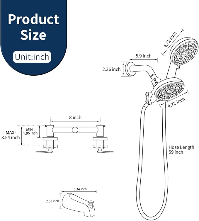 2 Handle Shower Faucet Set with Tub Spout Bathtub Shower Faucet Combo Set Shower System Complete Tub and Shower Trim Kit Brushed Nickel Wall Mounted Two Handles Shower Fixtures