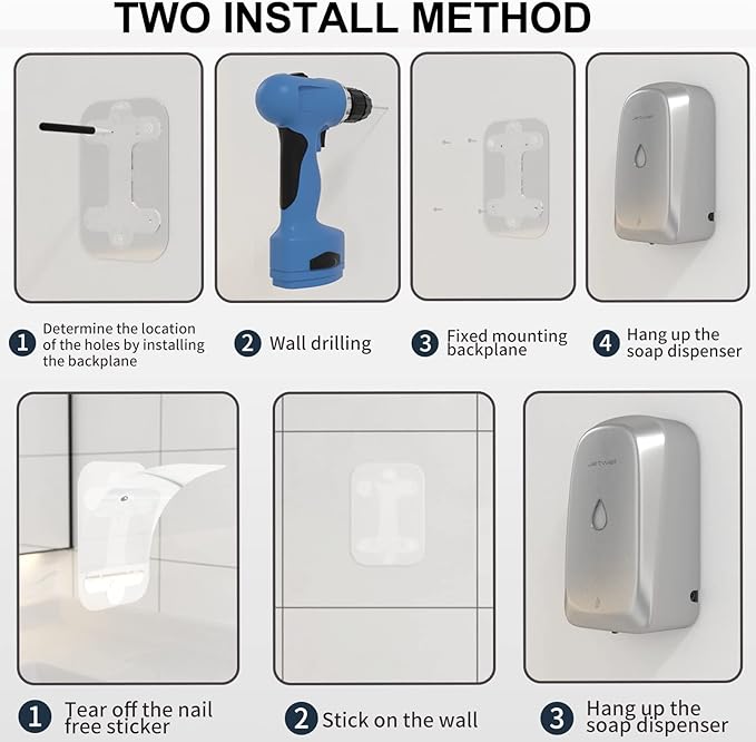 JETWELL Automatic Touch-Less Wall Mount Hand Soap Dispenser Liquid Drop Battery Operated, Brushed Stainless Steel Cover Large Capacity 34OZ/1000ML for Kitchen Home Commercial Bathroom