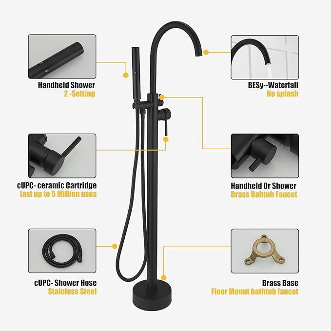 BESy Freestanding Bathtub Faucet Tub Filler Free Standing Floor Mount Stand Brass Bathroom Tub Faucets with 2 Function Hand Shower Wand Swivel, Matte Black Finish