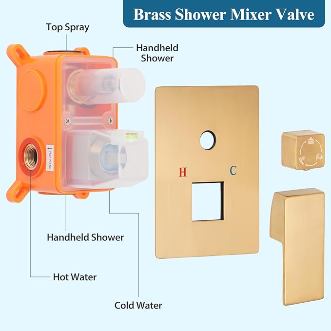 12 inch Square Shower Head and Handheld Set, Gasecoet Shower System with Tub Spout Wall Mounted Shower Faucet for Bathroom - Brushed Gold (With Shower Valve)