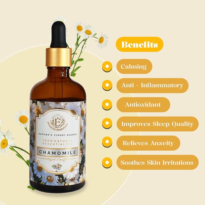 Luxurious Chamomile Essential Oil by Enhanced Essentials|Pure & Slow Distilled|for Diffusers,Skin Care, Aromatherapy, Bath,Massage,Perfume,Gifting,Soap & Candle Making|with Glass Dropper|3.38 fl oz