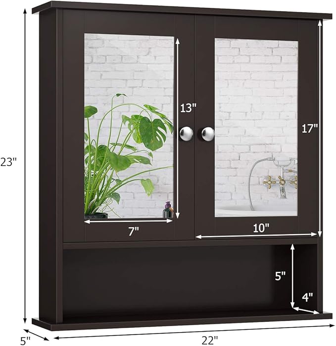 Tangkula Bathroom Medicine Cabinet with Mirror, Wall Mounted Wooden Hanging Organizer with Doors and Shelves, Bathroom Wall Mirror Cabinet (Mirror Doors, Brown)