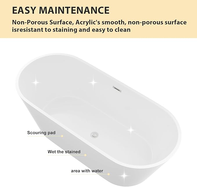 Logmey 67 Inch Freestanding Bathtub White Acrylic Oval Shape Soaking Tub with Chrome Drain & Overflow Assembly for Classic and Modern Bathrooms
