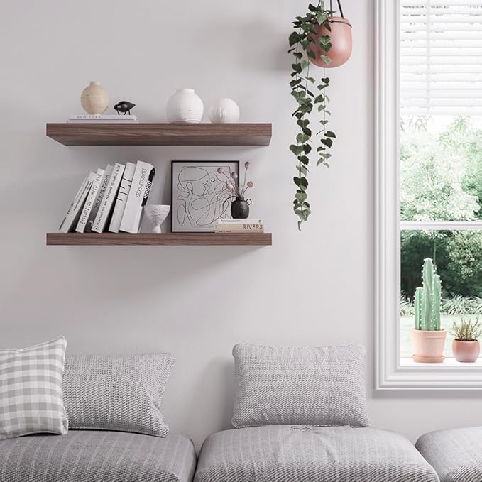 Floating Shelf, Set of 3 Wall Shelf, 24 in W x 12.75 in D x 2 in H Wooden Floating Wall Shelf with Invisible Brackets for Living Room/Bedroom/Bathroom/Kitchen Storage and Decor, Walnut