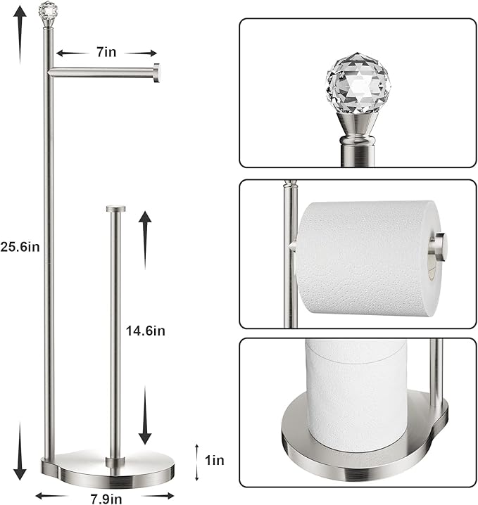 Toilet Paper Holder for Bathroom, Heavy Weighted Metal Free Standing Toilet Paper Storage with Crystal Ball, Toilet Paper Stand for Bathroom Accessories, Brushed Nickel [Holds MEGA Rolls]