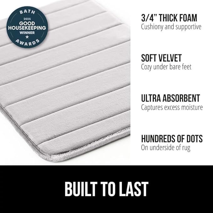 GORILLA GRIP Memory Foam Bath Mat, Soft Absorbent US Designed Bathroom Rug, Gripping Dots Machine Washable Bathmat, Cushioned Floor Mats, Shower Sink Rugs Room Décor Accessories, 60x24 Light Gray