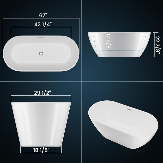 67 in Acrylic Freestanding Bathtub, Contemporary Stand Alone Tub,Glossy White Soaking Tub, Oval Bathtub with Chrome Overflow and Drain, CUPC Certified