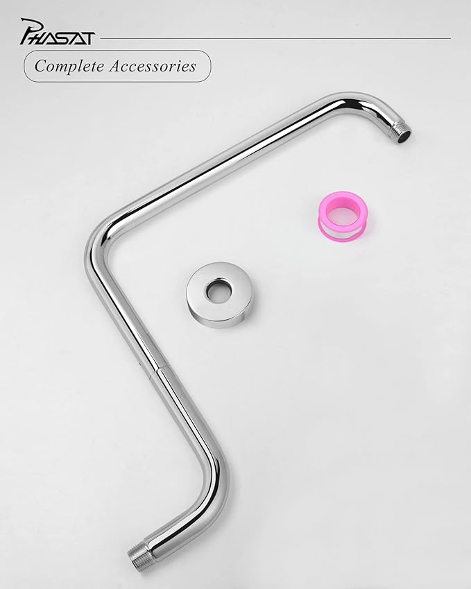 PHASAT 16 Inches Shower Arm Extension,S shaped Shower Arm with Flange,304 Stainless Steel High Rise Shower Head Arm Chrome,PU9D01-M