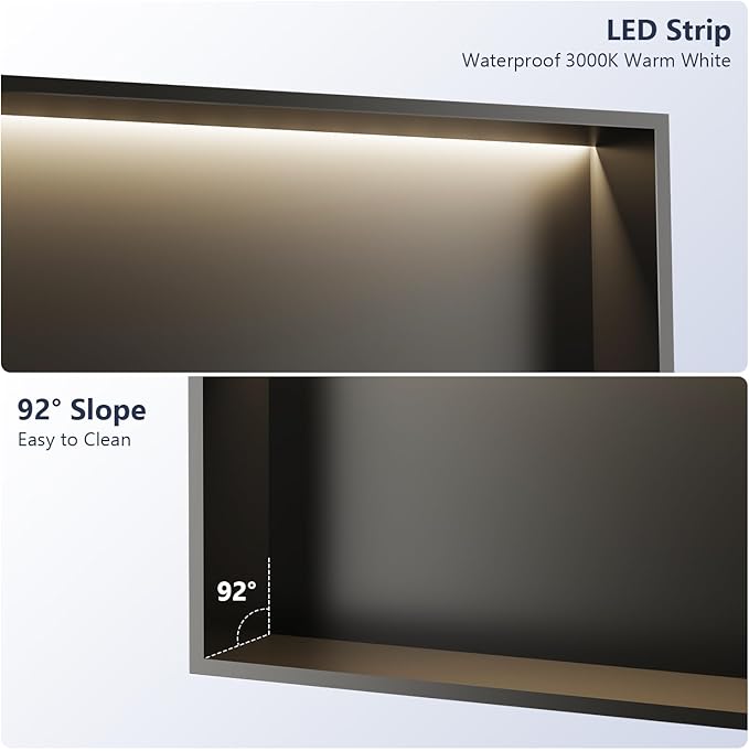 LED Shower Niche 24" x 12", Stainless Steel No Tile Needed Wall Niche with Light, Recessed Shower Shelf for Bathroom Storage Insert Installation (Matte Black)