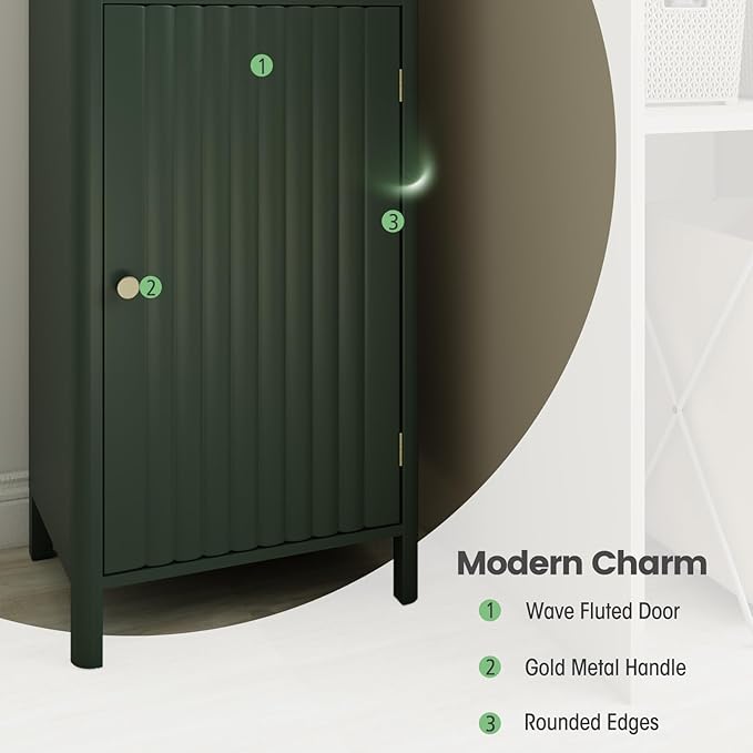 Tangkula 67" Tall Bathroom Cabinet, Narrow Floor Cabinet w/Fluted Door, 3 Open Shelves & 1 Drawer, Freestanding Storage Organizer w/Adjustable Shelf & Anti-tip Kit for Kitchen, Living Room (Green)