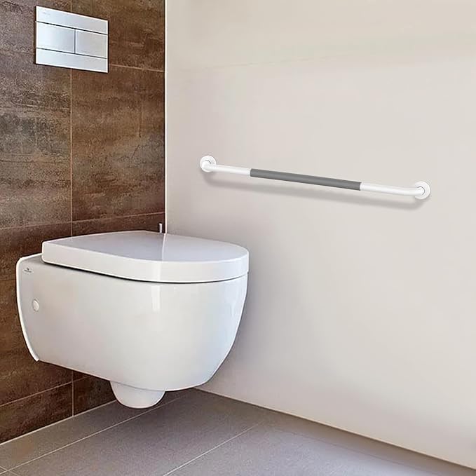 32 Inch Anti Slip Shower Grab Bar, Munzong White Stainless Steel Bathroom Grab Bar w/Gray Rubber Grip, Bathroom Balance Bar,Safety Handrail Support,Handicap Elderly Senior Assist Bath Handle