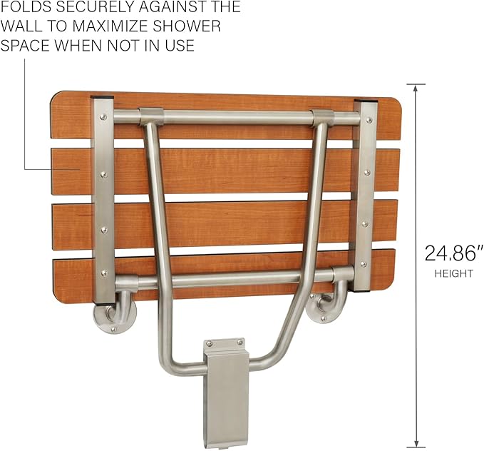 Seachrome 28-inch x 15-inch in ADA Folding Wall Mount Bathroom Shower Seat Bench, Teak Phenolic Seat