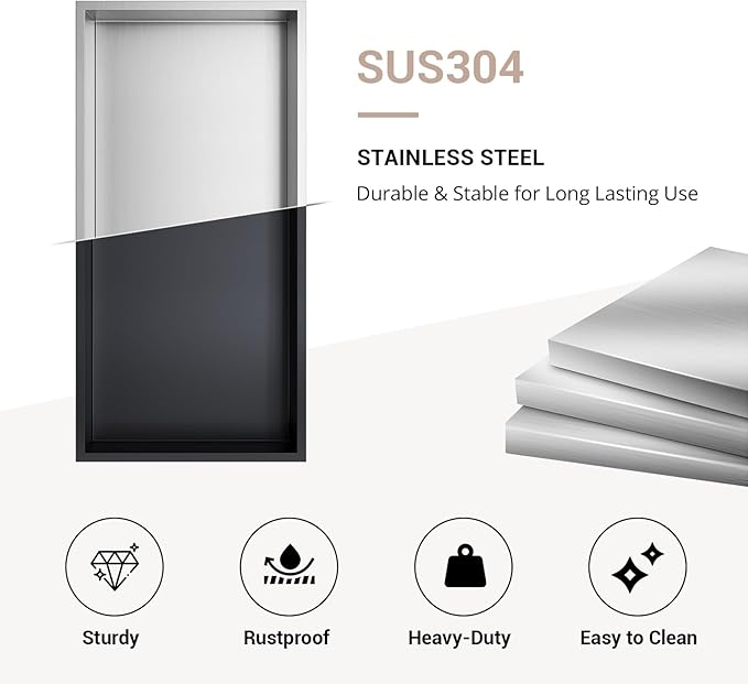 Shower Niche 12x24, Matte Black, No Tile Needed 304 Stainless Steel Recessed Wall Niche Insert with Double Shelves, Built-in Sloped Base Drainage, in-Wall Shower Storage for Bathroom Remodel