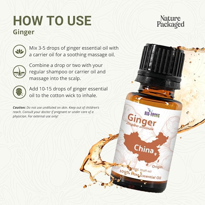 Ginger Essential Oil - Direct from Bio-Young Aromas - Pure Ginger Oil for Skin - Aceite de Jengibre - Aromatherapy 100% Therapeutic Premium Grade (8oz)