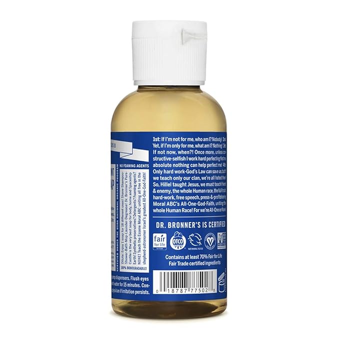 Dr. Bronner's - Pure-Castile Liquid Soap (Peppermint, Travel Size, 2 ounce) - Made with Organic Oils, 18-in-1 Uses: Face, Body, Hair, Laundry, Pets and Dishes, Concentrated, Vegan, Non-GMO