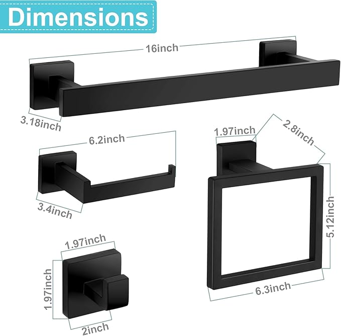 16 in Matte Black Bathroom Accessories Set, Bath Towel Bar Set, Stainless Steel Bathroom Hardware Set, Towel Racks for Bathroom Wall Mounted 5 Pcs （Black）