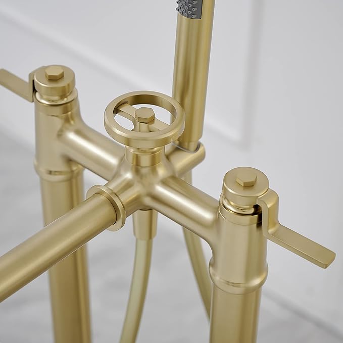Gold Freestanding Bathtub Faucet Floor Mount Tub Filler with Handheld Shower Two Handle Two Feet High Flow Rate Mixer Tap Bathroom Tub Faucet