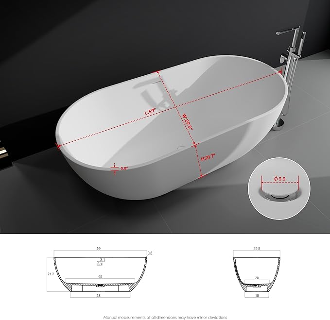 SJ STAR&JANE 59" Solid Surface Freestanding Bathtub, Matte White Oval Soaking Stone Resin Tub with Overflow and Pop-up Drain for Modern Bathrooms