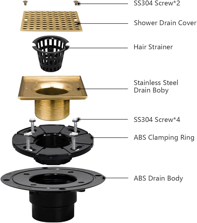 Uni-Green Champagne Bronze Shower Drain 4-1/4 Inch - Square Gold Shower Drain Kit with ABS Flange for 2" or 3" Pipe - Low Profile 304 Stainless Steel Shower Floor Drain Kit with Hair Carcher