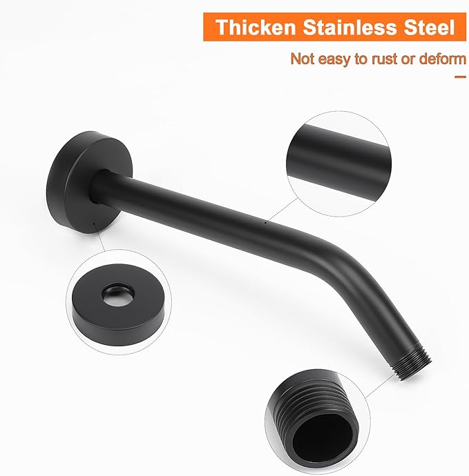 HarJue Shower Arm with Flange and Teflon Tape, Wall Mounted Shower Pipe 304 Stainless Steel Extension Arm for Fixed Shower Head & Handheld (10 Inch, Matte Black)