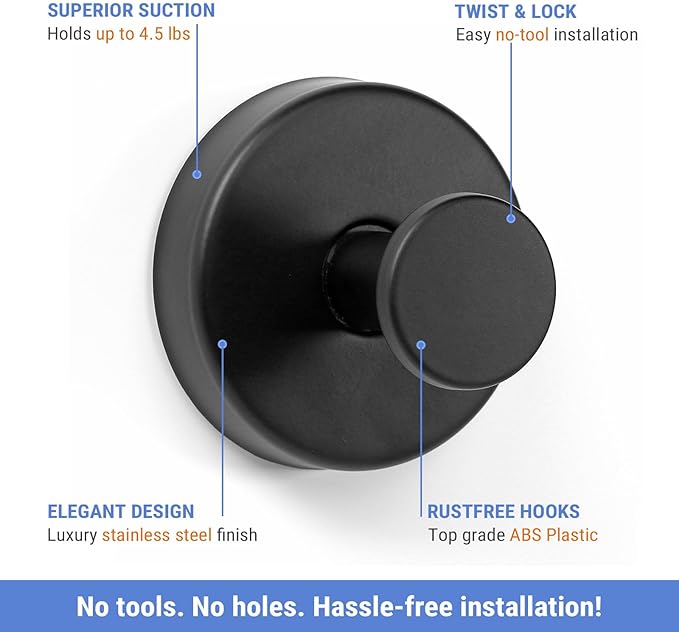 Suction Cup Hooks for Shower, 4 Pcs Shower Hook for Bathroom Stainless Steel Wall Hook for Hanging up to 6.5 lbs for Kitchen, Glass, Mirror,Black