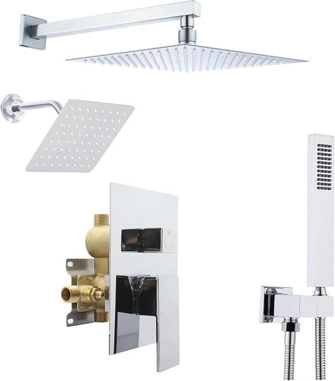 12" Shower Faucet Set Rain Shower System with 6" Wall Mounted Head Full Body Luxury Rain Shower System Rainfall Shower Head with Handheld Combo,3 Way Pressure Balance Valve Kit,Chrome