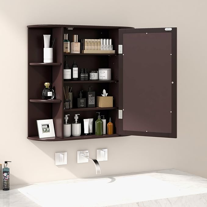 RELAX4LIFE Bathroom Wall Cabinet with Mirror - Medicine Cabinet w/Door, 6 Open Shelves & Adjustable Shelves, Over The Toilet Storage Cabinet Organizer, Mirrored Bathroom Cabinet Wall Mount (Brown)