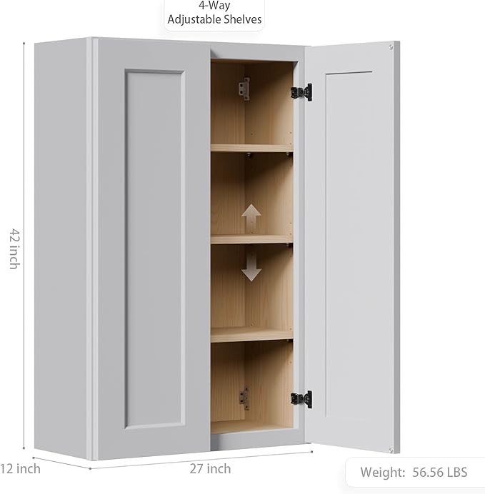 27 Inch Medicine Cabinet Wall Mounted, Solid Wood Over The Toilet Storage Cabinet, Bathroom Organizer Cabinets with 2 Door & 3 Shelves, Easy to Assemble for Laundry Room, Kitchen, Garage - Light Gray