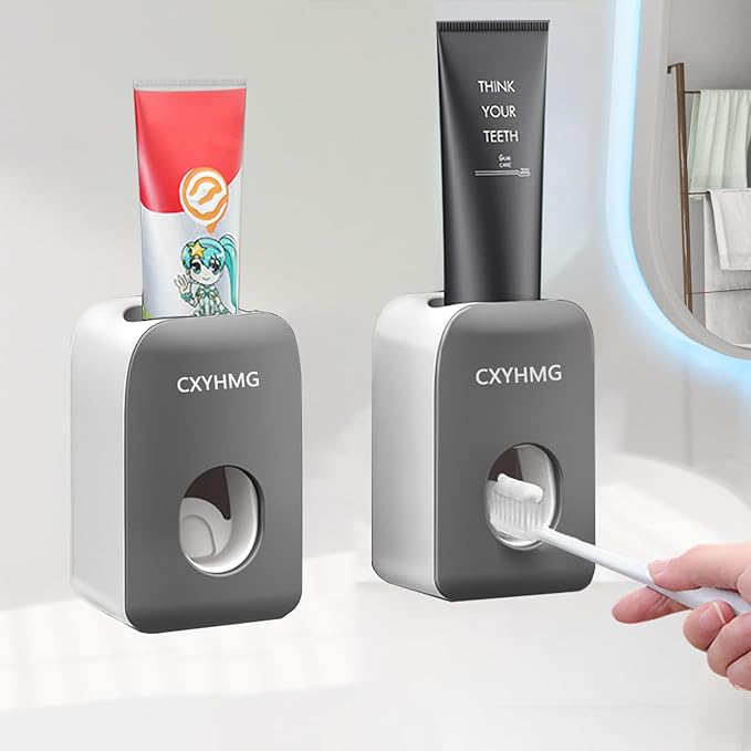Automatic Toothpaste Dispenser for Kids, 2 PCS Toothpaste Squeezer for Kids & Family Shower Decor, is Wall Mounted Bathroom Accessories Organizer (Dark Black, 2PACK)