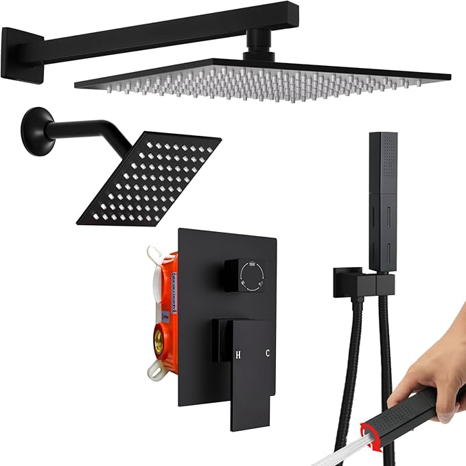 ENGA Shower Faucet Set, Dual Head Shower System 10" & 6" Square Rain Shower Heads with 2 in 1 Handheld Spray, 3 Way Water Diverter, Matte Black