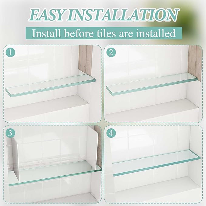 2 Pcs 13-5/8" X 4-1/4" X 3/8'' Thick Tempered Glass Shelf Clear Flat Polished, Flush-Mounted Floating Shelf for Bathroom Essentials & Shower Niche No Mounting Hardware Required