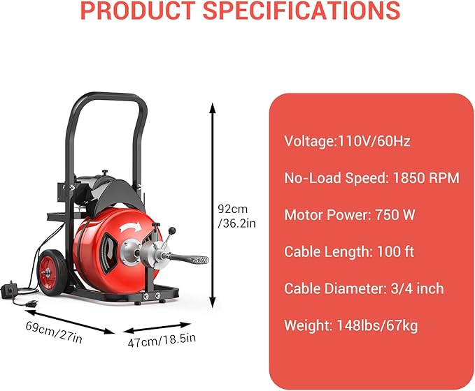 100Ft 3/4 Inch Cable Drain Cleaning Machine, 450W Auto Feed Portable Electric Sewer Snake, Electric Drain Auger with 4 Cutter Air-Activated Foot Switch for 2" to 4" Pipes