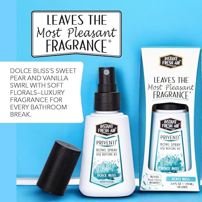 Signature PRIVENTI Toilet Spray, Dolce Bliss Scent Bathroom Spray with Noxban Technology Odor Elimination, Travel Size, Long-Lasting Freshness for Home, Travel or Work, 2.4 Oz. - INSTANT FRESH AIR