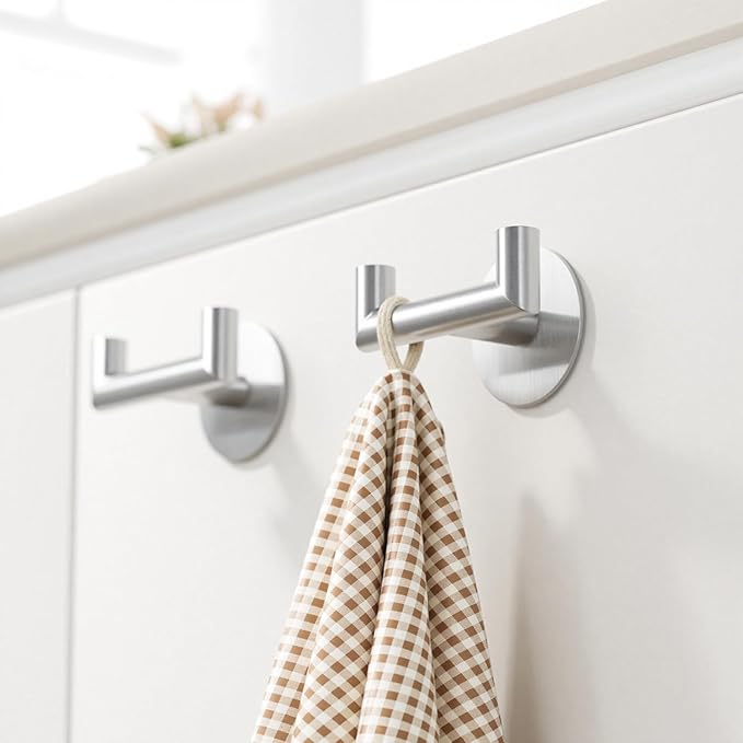 2 Pack Brushed Nickel Bathroom Hooks for Towels - Self Adhesive Double Hooks for Wall, No Drilling, Stainless Steel 304, Strong Hold for Robes, Coats, Shower Use