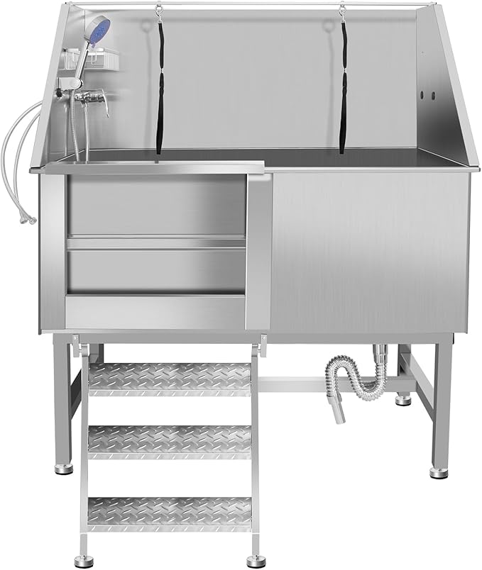 Stainless Steel Dog Cat Pet Grooming Bath Tub (w/Faucet, Sprayer, Shampoo Rack)