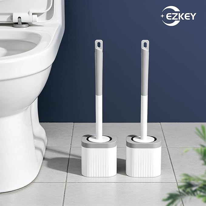 Toilet Brushes, 2 Pack Toilet Brush and Holder Set with Nylon Bristles Toilet Bowl Brush Compact Hidden Scrubber Brushes for Bathroom Deep Cleaning, Grey & White