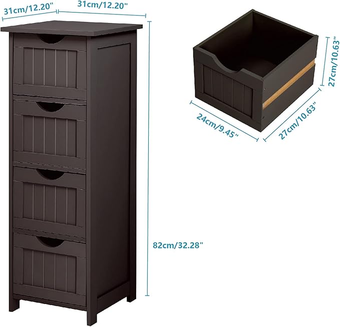 Bonnlo Skinny Bathroom Floor Storage Cabinet, 12 Inch Wide Deep Small Storage Organizer with 4 Drawers, Wooden Modern Espresso Thin Free Standing Tower Cabinet w/ 4 Cute Drawers for Bathroom