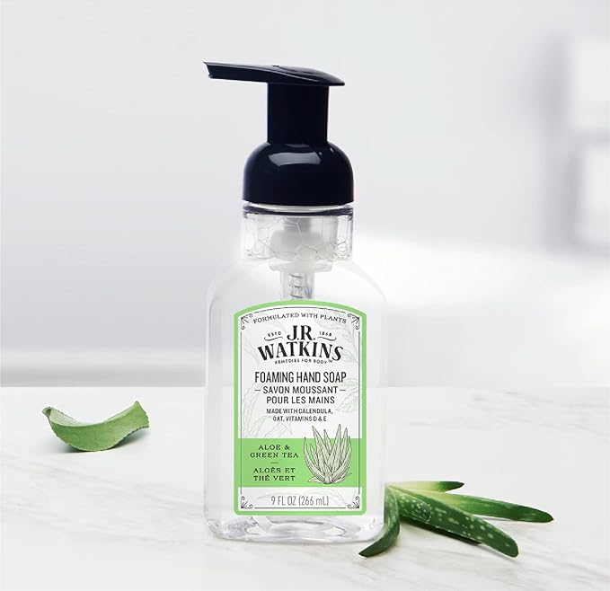 J.R. Watkins Foaming Hand Soap with Pump Dispenser, Moisturizing Foam Hand Wash, Alcohol-Free, Cruelty-Free, Aloe & Green Tea, 9 fl oz, 3 Pack