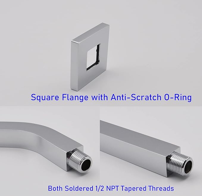 Aquaiaw Square Shower Arm and Anti-Scratch O-Ring Flange, 6 inch, Solid Brass, Both Soldered 1/2 NPT Tapered Threads, Shower Head Arm, Wall Mount Shower Extension Arm (Polished Chrome)