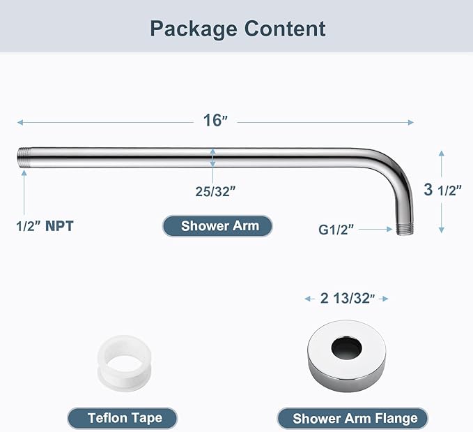 BRIGHT SHOWERS 16-Inch Shower Head Extension Arm with Flange, L Shaped Shower Extender, Extra-Long Stainless Steel Shower Pipe, Chrome