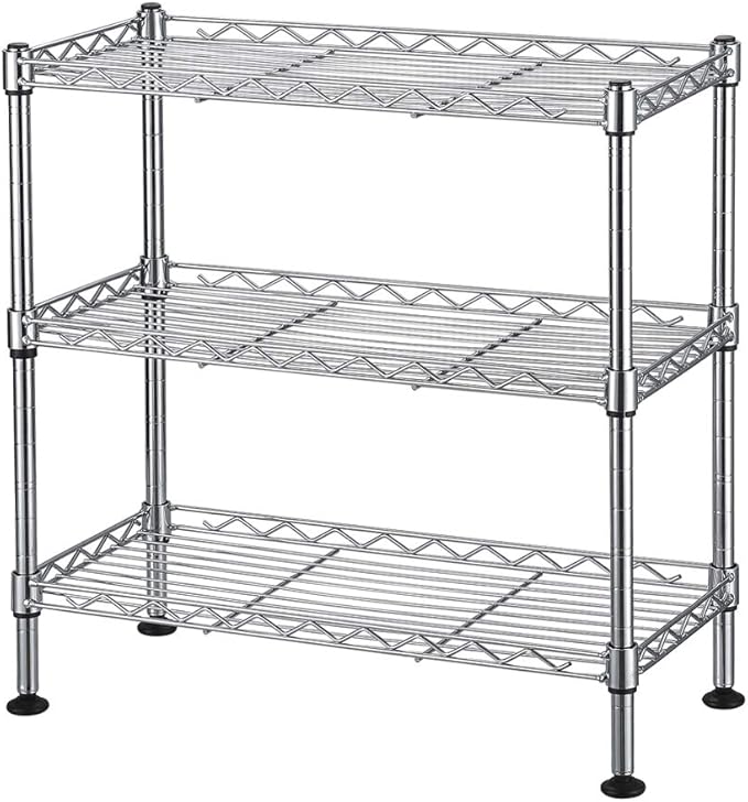 3 Tier Storage Racks Shelving, Heavy Steel Pantry Shelves, Adjustable Wire Shelving Rack, Suitable for Garage, Kitchen, Bathroom, Office, 18" W x 8" D x 18" H, Chrome